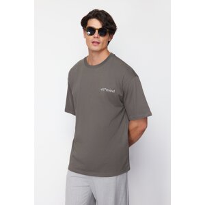 Trendyol Dark Khaki Oversize 100% Cotton Back Printed T-Shirt