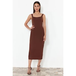 Trendyol Dark Brown Plain Maxi Square Collar Knitwear Dress