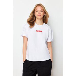 Trendyol White 100% Cotton Slogan Printed Relaxed/Comfortable Fit Crew Neck Knitted T-Shirt