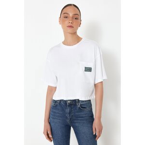 Trendyol White More Sustainable 100% Cotton Relaxed Crop Pocket and Printed Knitted T-Shirt