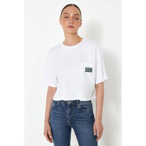 Trendyol White More Sustainable 100% Cotton Relaxed Crop Pocket and Printed Knitted T-Shirt