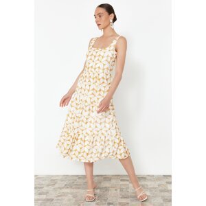 Trendyol Yellow Waist Midi Woven Floral Embroidery Dress