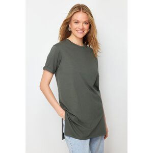 Trendyol Black-Khaki 2-Pack Slit Detailed Crew Neck Short Sleeve Basic Knitted T-Shirt