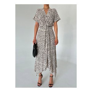 Laluvia Cream-Black Knotted Front Patterned Dress