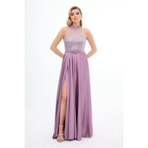 Carmen Long Satin Evening Dress with Lavender Stone and Slit