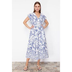 Trendyol Blue Floral Patterned Belted V-Neck Midi 100% Cotton Woven Dress