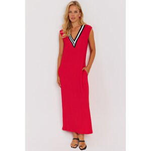 Cool & Sexy Women's Red V Neck Block Maxi Dress