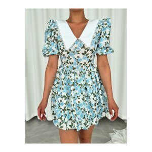 Laluvia Blue Baby Neck Floral Balloon Dress