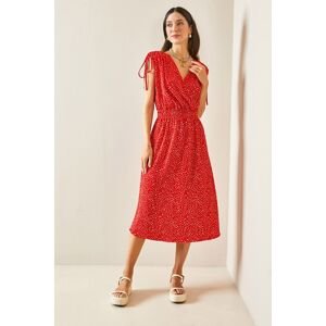 XHAN Red Double Breasted Collar Patterned Midi Dress