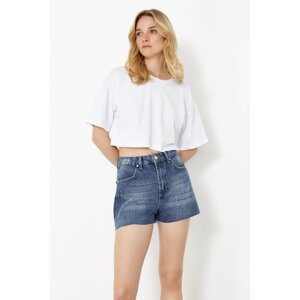 Trendyol Blue Ripped High Waist Denim Shorts