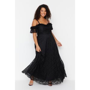 Trendyol Curve Black Plus Size Straps A-Line Lace Maxi Evening Dress