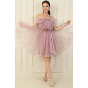 By Saygı Strapless Flounced Floral Waist Lined Short Princess Tulle Dress
