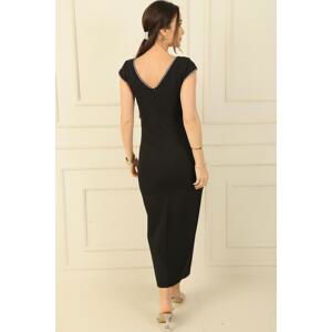 By Saygı V-neck Double Nail Sleeve Jewelled Slit Dress