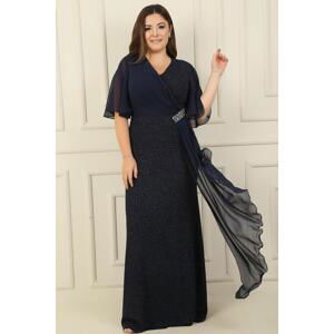 By Saygı Plus Size Silvery Long Dress with Chiffon Sleeves and Stone Accessories on the Side