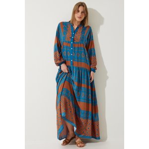 Happiness İstanbul Women's Brick Blue Patterned Oversize Summer Viscose Dress