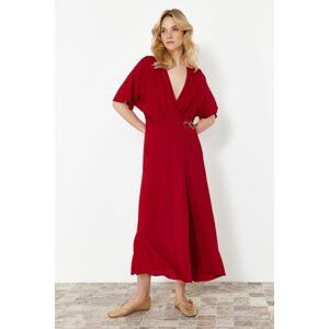 Trendyol Dark Cherry Double Breasted Accessory Tie Detail Midi Woven Dress