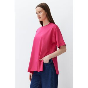 Trendyol Pink 100% Cotton Double Sleeve Asymmetrical Boyfriend Knitted T-Shirt