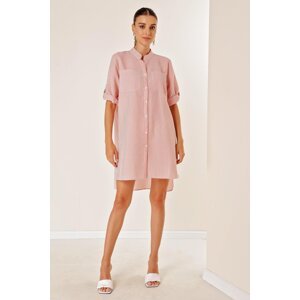 By Saygı Two Pockets Front Short Back Long Stripe Short Sleeve See-through Dress Pink