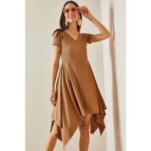 XHAN Mink Asymmetrical V-Neck Knitted Midi Dress