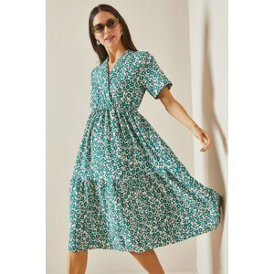 XHAN Green Floral Patterned Double Breasted Neck Knitted Dress