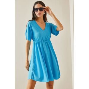 XHAN Baby Blue V-Neck Textured Dress