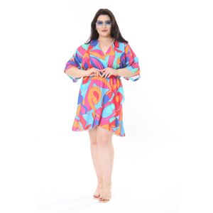 Şans Women's Large Size Colorful Wrap Collar Flounced Hem Bat Sleeve Dress