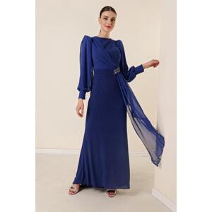 By Saygı Gemstone Accessory Lycra Chiffon Detail Lined Long, Glittery Wide Body Evening Dress.