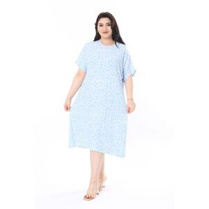 Şans Women's Large Size Baby Blue Twill Fabric Short Sleeve Patterned Dress