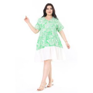 Şans Women's Large Size Green Woven Javanese Fabric Layered Short Sleeve Dress