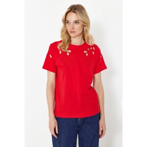 Trendyol Red Brode Embroidered Basic/Regular Pattern Knitted T-Shirt