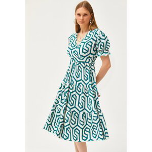 Olalook Women's Green Belted Double Breasted Patterned Dress