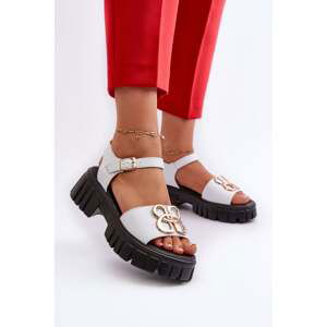 Women's leather sandals with gold trim, white Vinceza