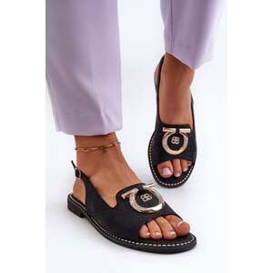Elegant women's sandals with gold trim on flat heels, black S.Barski