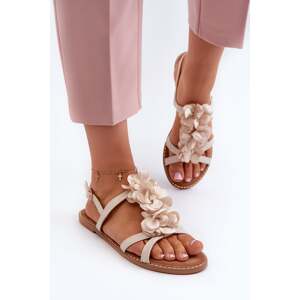 Women's flat sandals decorated with flowers, beige Abidina