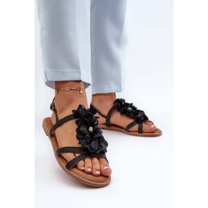 Women's flat sandals decorated with flowers, black Abidina