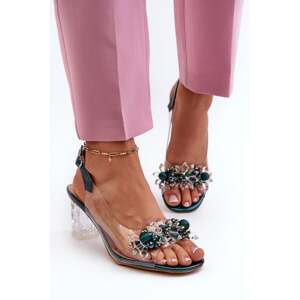 Transparent high-heeled sandals with embellishments, green D&A