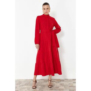 Trendyol Red Belted Magnificent Collar Button Detailed Woven Dress