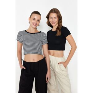 Trendyol Black Striped-Black Plain 2 Pack Fitted Crop Ribbed Knitted Blouse