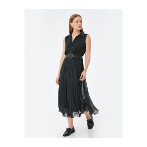Koton Polka Dot Pleated Midi Chiffon Dress Sleeveless Tulle Skirt Detailed Buttoned Belt