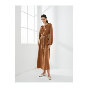 Koton Long Dress Balloon Sleeve V-Neck Belted Buttoned