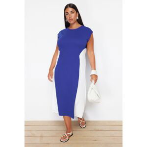 Trendyol Curve Saks-Ecru Color Block Midi Crepe Knitted Plus Size Dress