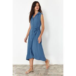 Trendyol Indigo Straight Belted Sleeveless Shirt Woven Dress