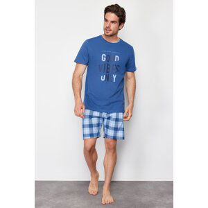 Trendyol Indigo Plaid Regular Fit Knitted Shorts Pajamas Set