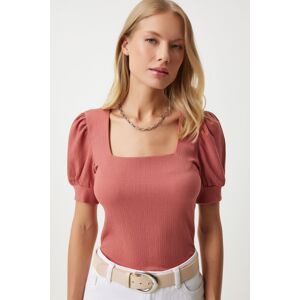 Happiness İstanbul Women's Dark Rose Square Collar Balloon Sleeve Knitted Blouse