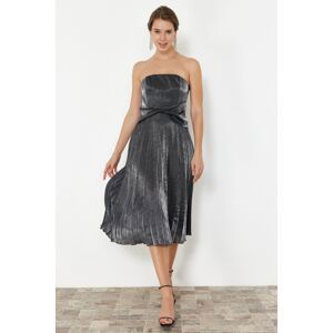 Trendyol Anthracite A-Cut Pleated Shiny Stylish Evening Dress