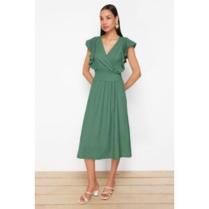 Trendyol Green Wrapped/Textured Skater/Belden Gippeli Double Breasted Closure Stretchy Knitted Midi Dress