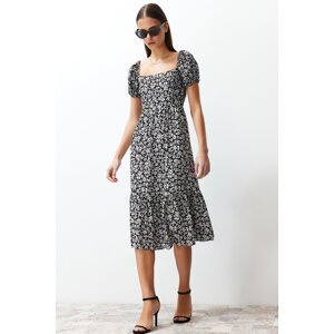 Trendyol Black Floral Waist Opening Viscose Gimped Midi Woven Dress