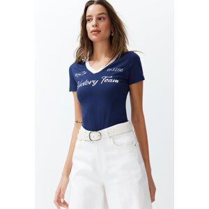 Trendyol Navy Blue Motto Printed V Neck Regular/Regular Fit Knitted T-Shirt