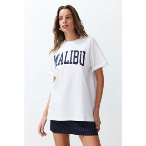 Trendyol White 100% Cotton City Slogan Printed Oversize/Relaxed Cut Knitted T-Shirt