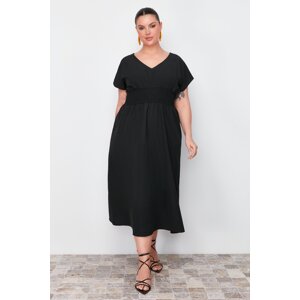 Trendyol Curve Black V Neck Woven Dress with Gathered Waist